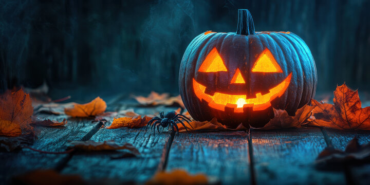 glowing carved jack o lantern pumpkin with black spider amid autumn leaves on rustic wood in eerie halloween atmosphere