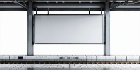 Fototapeta premium Subway station platform. Blank billboard dominates view. Minimalist design, clean lines, stark contrast. Modern architecture, empty space.