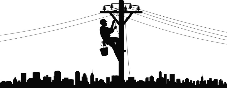 Electrical lineman climbing utility pole above city skyline, power line maintenance worker silhouette, urban electricity infrastructure service concept isolated on white background illustration