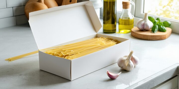 Spaghetti box open, pasta spilling out. Garlic bulbs, oil bottles, herbs present. Kitchen countertop setting, simple food photography.