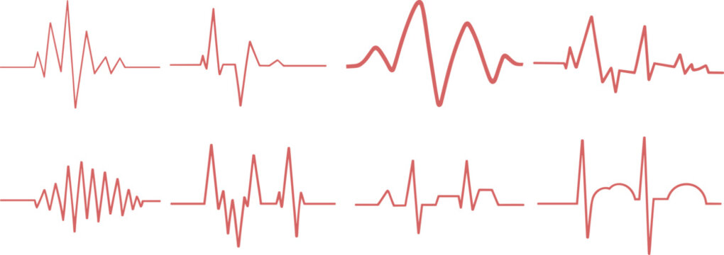 Heartbeat waveform set with electrocardiogram pulse lines, medical ECG signal collection, health monitoring concept for cardiology, fitness and digital diagnostics isolated on white background