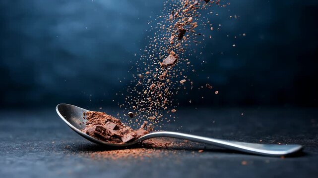 Dark chocolate chunks and shavings fall onto a metal spoon against a dark blue background, creating a dynamic composition