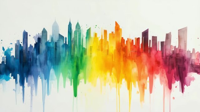 Vibrant colorful cityscape transformation with dripping paint effect