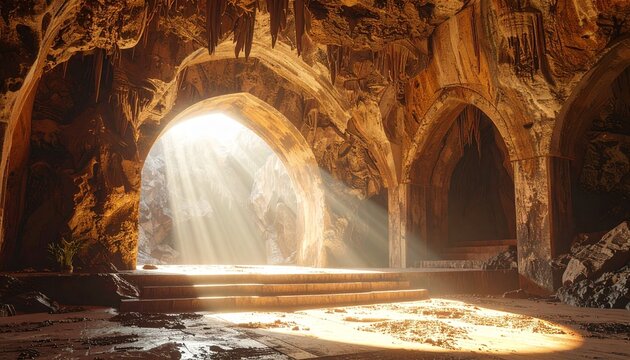 Mystical Cave Interior with Sunlight Streaming Through Arches.