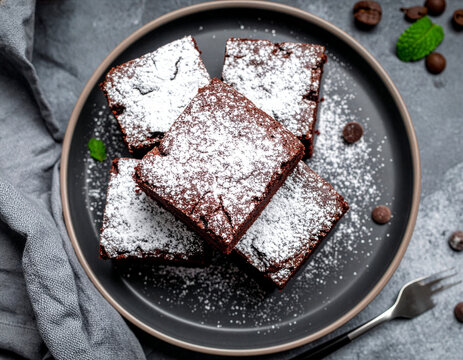 Kawałki ciasta brownie posypane cukrem pudrem - słodki deser czekoladowy