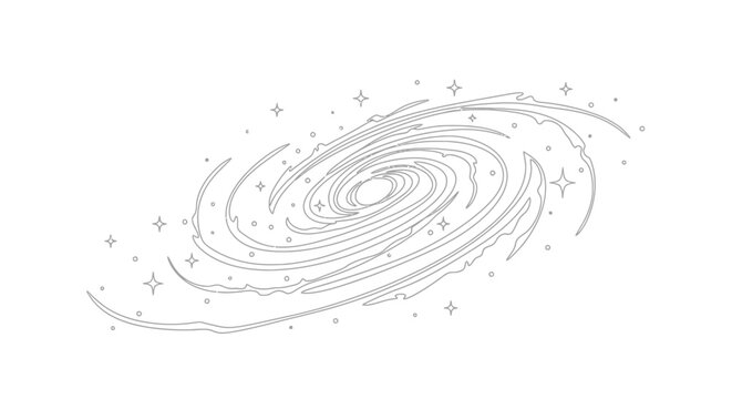 Stylized Spiral Galaxy Illustration with Stars - Line Art