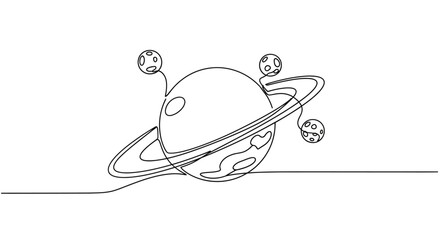 Minimalist Saturn Planet with Moons, Space Orbit, Line Art © Azizi