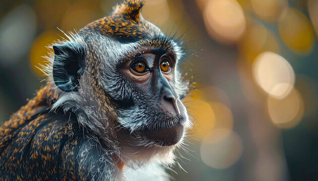 Portrait of a monkey with gray-brown fur, animal in natural environment, blurred soft background, expressive eyes