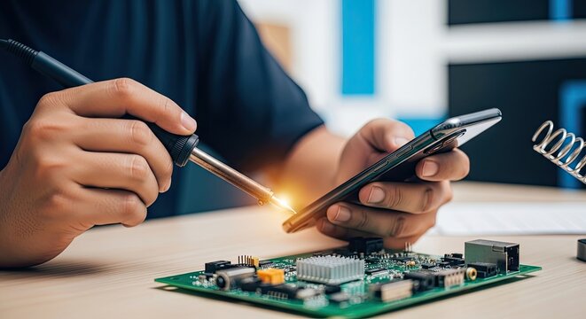Person soldering a circuit board with a smartphone nearby