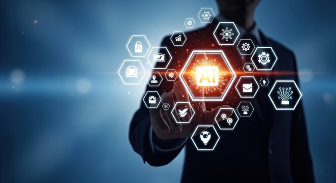 Businessman interacting with futuristic digital interface and network connections
