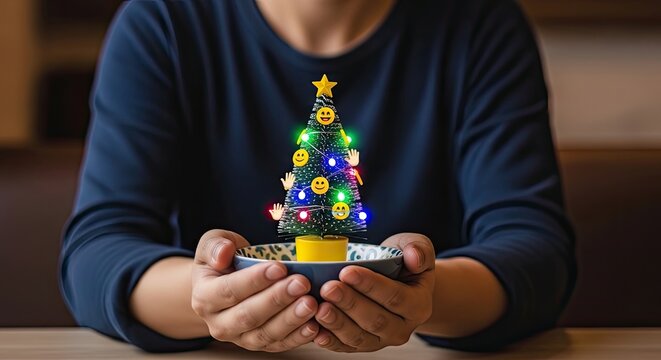 Person holding a small christmas tree in their hands wearing a festive holiday sweater