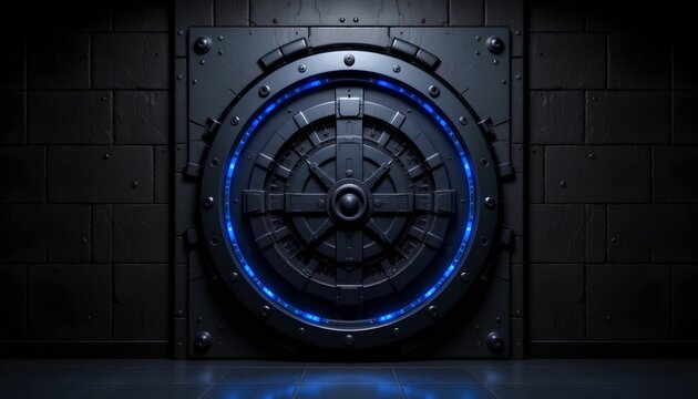 Futuristic vault door made of matte black metal with subtle blue edge light, deep black background, high contrast lighting, 8k ultra detail, no symbols