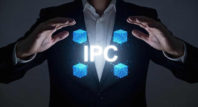 A businessman presenting a futuristic ipc concept with glowing blue hexagons and digital interface