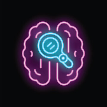 Neon glowing icon of a magnifying glass analyzing a human brain, representing the concept of psychology