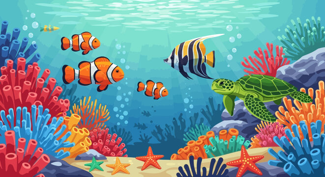 Clownfish and Sea Turtle Underwater Scene.