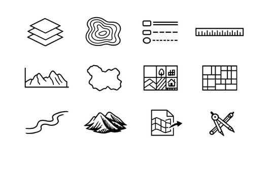 Digital Maps and Cartography. Line outline icon set of Digital Maps and Cartography: layered