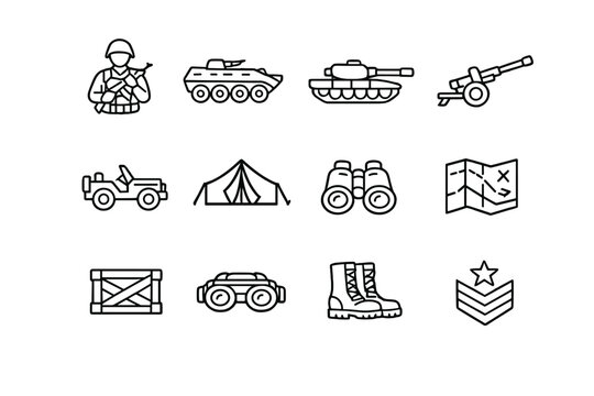 Army and Ground Forces. Line outline icon set of Army and Ground Forces: infantry soldier,