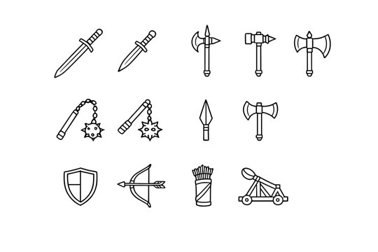 Medieval Weapon Icons. Medieval Weapons. Line outline icon set of Medieval Weapons: longsword, dagger, halberd