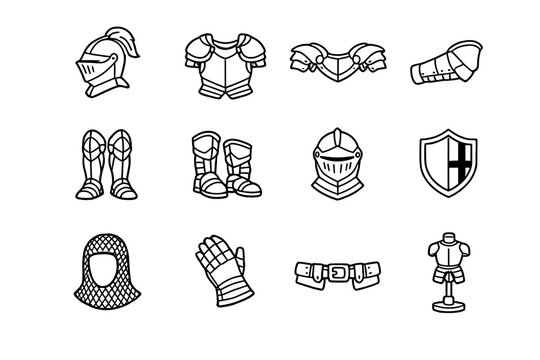 Protective Armor and Gear. Line outline icon set of Protective Armor and Gear: knight helmet