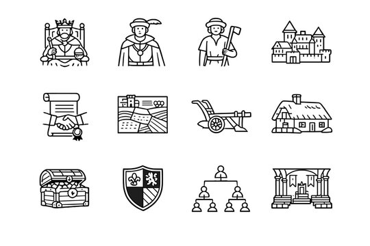 Feudal Society. Line outline icon set of Feudal Society: king throne, noble lord, peasant