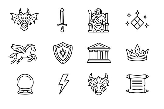 Mythology and Legends. Line outline icon set of Mythology and Legends: mythical dragon,
