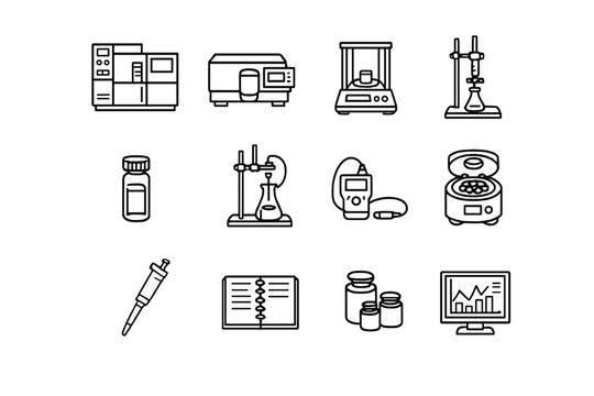 Analytical Chemistry Laboratory. Line outline icon set of Analytical Chemistry Laboratory:
