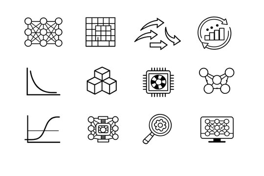 Outline icon set of deep learning: deep neural layers, convolution grid, backpropagation