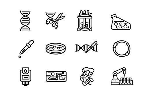 Biotechnology. Line outline icon set of Biotechnology: DNA double helix, CRISPR scissors,