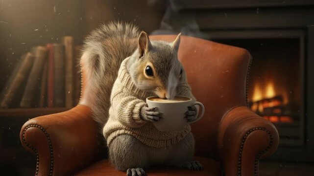 Animated squirrel character enjoying a warm beverage in a cozy indoor setting