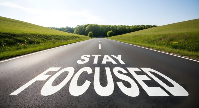Motivational phrase stay focused painted on asphalt road surrounded by green grassy hills under a clear sky