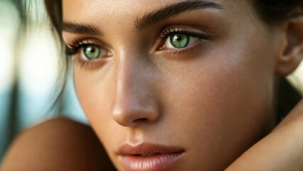 Fototapeta premium Close up woman with green eyes in soft natural lighting