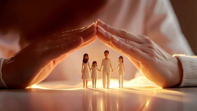 Family Shield: Hands cupped protectively over a miniature family figurine, casting a warm glow, representing protection, security, and the bond of family. 