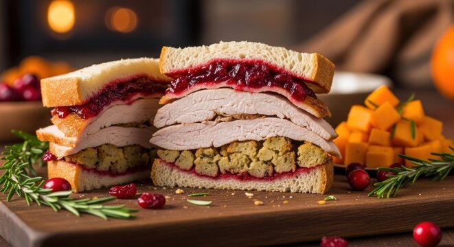 A turkey sandwich with cranberry sauce and stuffing on a wooden cutting board with orange slices and rosemary.