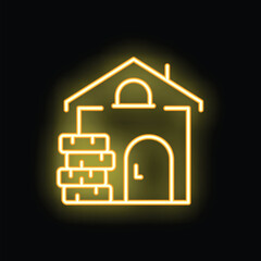 Naklejka premium Yellow neon sign depicting a traditional wine cellar with wooden barrels, evoking the ambiance of winemaking and storage