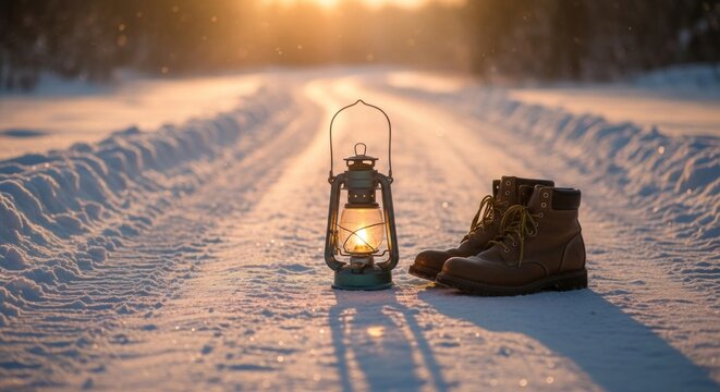A lantern and boots on a snowy path at sunset.