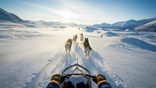 POV of driving husky dog sled through snowy arctic landscape towards bright sun