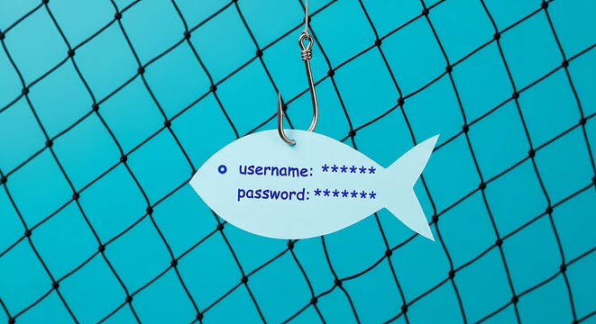 Username and password written on a paper note in the shape of a fish attached to a hook - Phishing and internet security concept