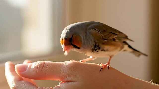 Bird perches on person's hand eating seed indoors