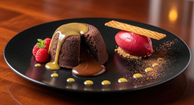 A delectable chocolate fondant dessert with a raspberry compote and a caramel sauce on a black plate.