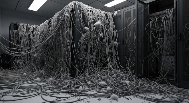 A dramatic, high-contrast black and white image of a data center overwhelmed by a massive, chaotic "waterfall" of tangled white cables draped over server racks.