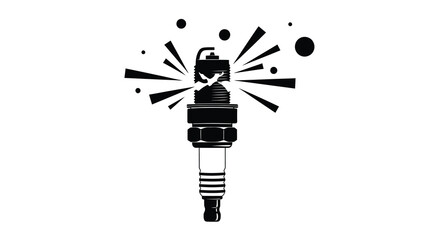 A striking black and white illustration depicts a spark plug with radiating energy bursts © ArtBySalea07