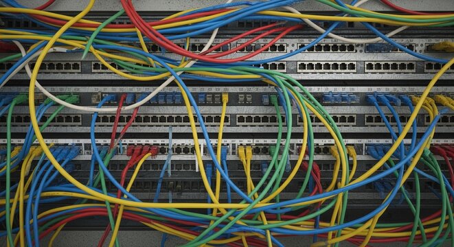 A chaotic mess of tangled colorful ethernet cables (blue, yellow, red, green) plugged into a server rack or network patch panel.