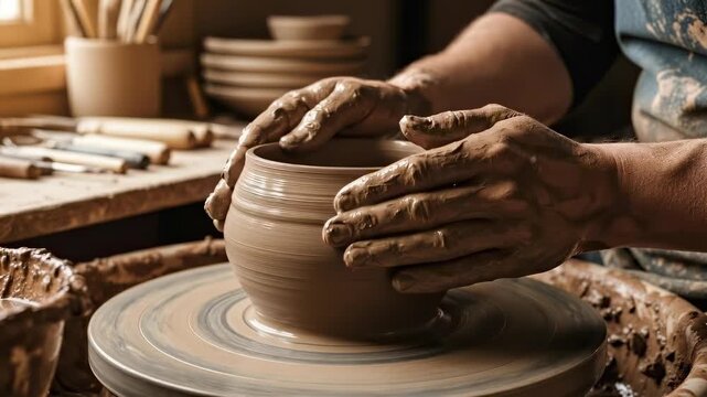 Close up of craftsman hands shaping wet clay pot on spinning pottery wheel in rustic workshop
