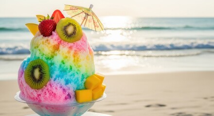 Naklejka premium A colorful shaved ice dessert with rainbow colors and fresh fruits on a beach.