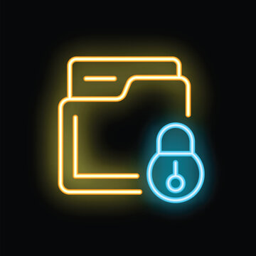 Glowing neon line art icon of a folder being locked with a padlock, representing data protection and privacy