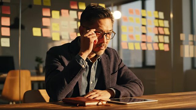 Thinking man in office plans business strategy. This professional man is solving a difficult problem. He is thinking hard about his business project. This thoughtful man works late on a complex