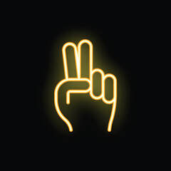 Obraz premium Bright yellow neon glowing peace sign hand gesture on a black background