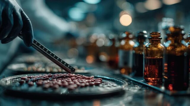 Pharmaceutical Precision: A close-up view captures a gloved hand meticulously arranging pills on a tray amidst vials, highlighting the accuracy of pharmaceutical practices.