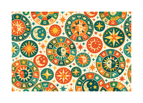 retro celestial horoscope layout seamless pattern, repeating pattern, surface design, textile print, large