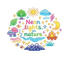 Naklejka premium Neon lights in nature. Hand drawn illustration of Neon lights in nature. glowing tree outline, neon leaf,